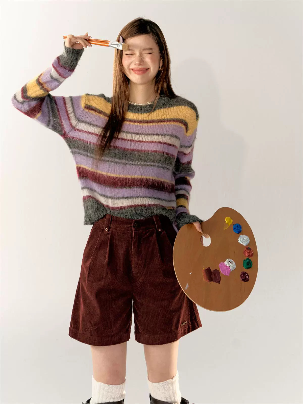 Color-Block Crew Neck Striped Knit Sweater