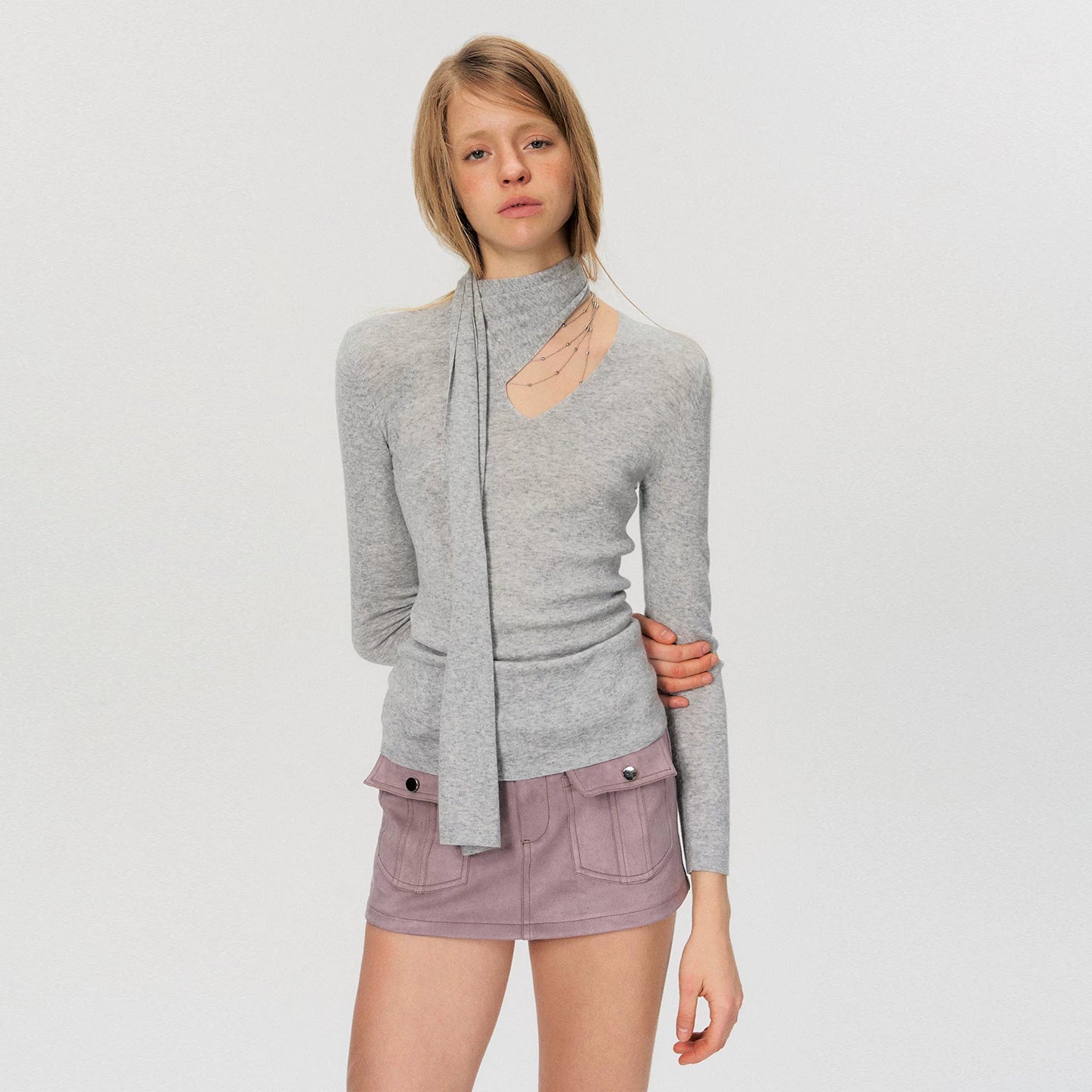 Fine Wool Blend Scarf-Neck Slim Fit Knit Top