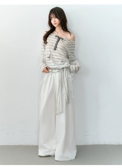 Star Print Off-Shoulder Striped Relaxed Knit Blouse