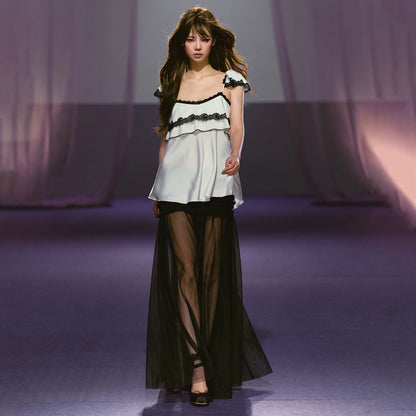 Contrast Lace Satin Off-Shoulder Camisole Top