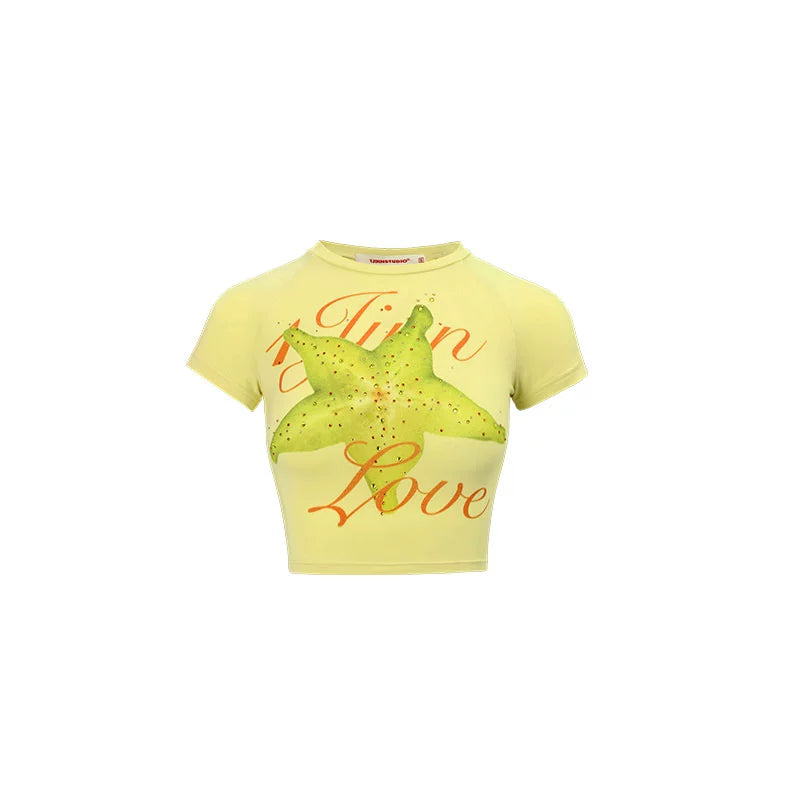 Rhinestone Embellished Fitted Fruit Printed Crop Top - CHINASQUAD