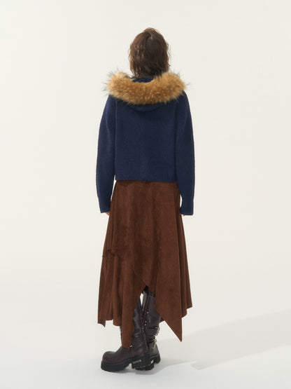 Detachable Fur-Collar Fleece Hooded Cardigan