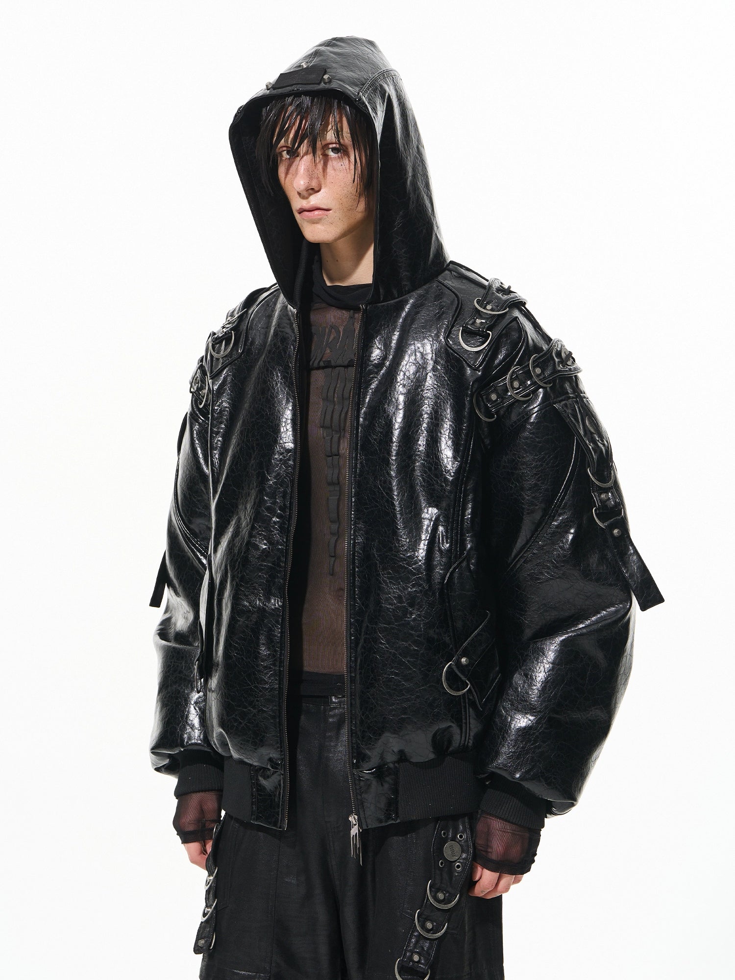 Heavy-Duty Hooded Aviator Leather-Texture Cotton Jacket