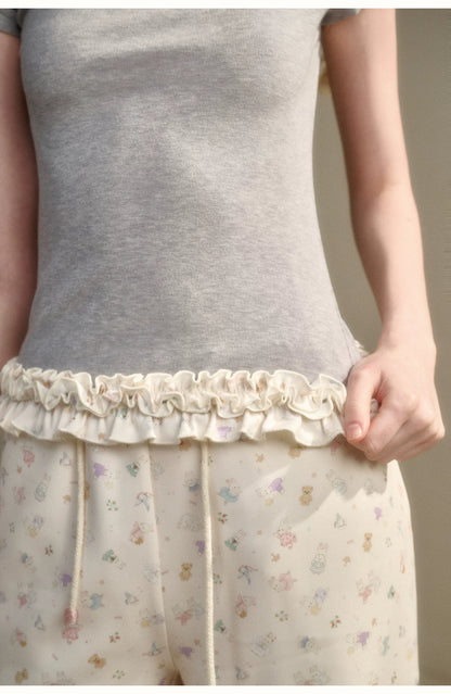 Little Bunny Ruffle Hem Printed Knit T-Shirt