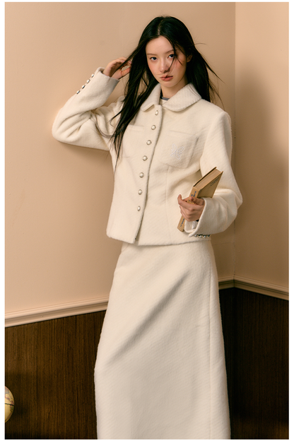 White Slim Woolen Jacket &amp; Skirt Set - CHINASQUAD