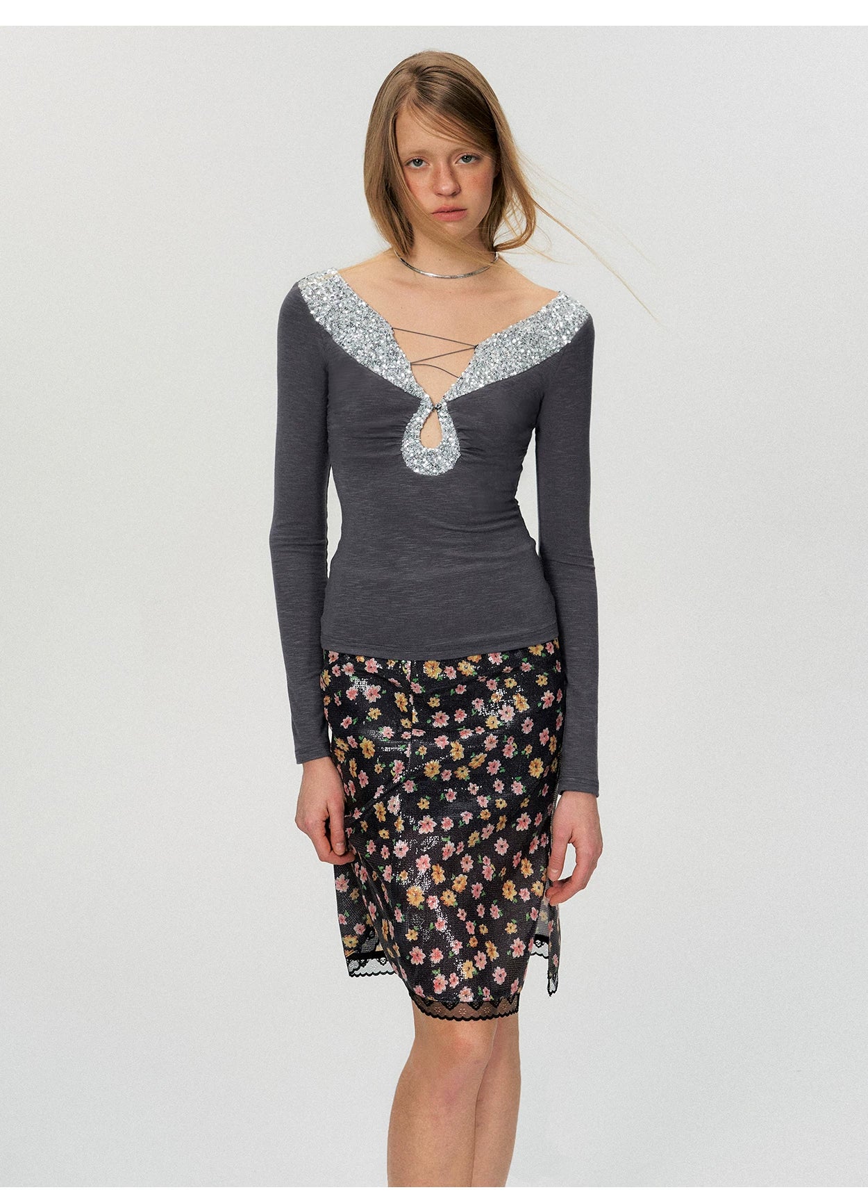 Cut-Out Lace-Up Slim Fit Long Sleeve Top
