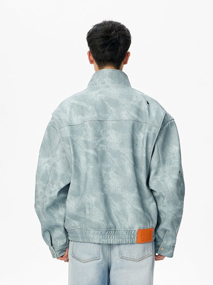 Denim Texture Stand Collar Leather Jacket - CHINASQUAD