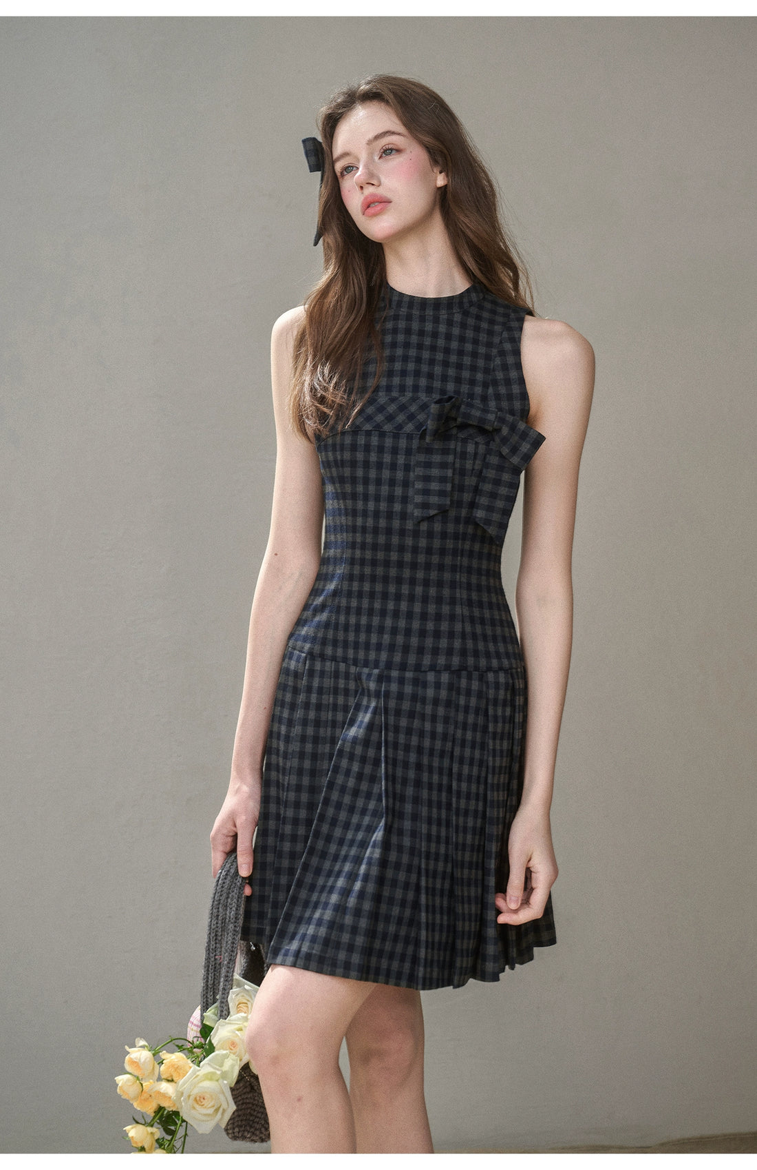 Bow Halter Checked Pleated Dress
