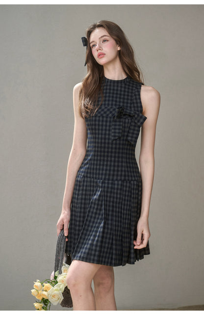 Bow Halter Checked Pleated Dress