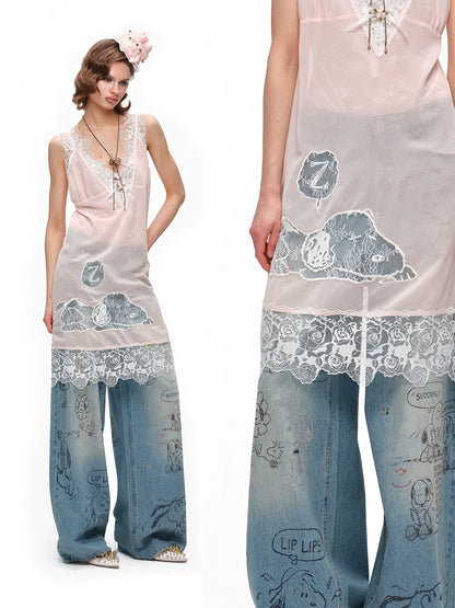 Snoopy Lace-Trim V-Neck Relaxed Dress