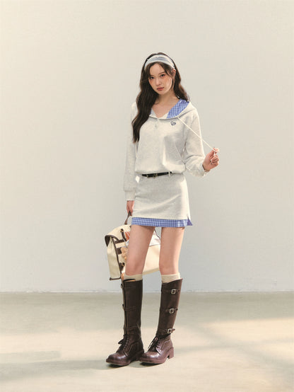 Plaid Splicing Embroidery Hooded Dress