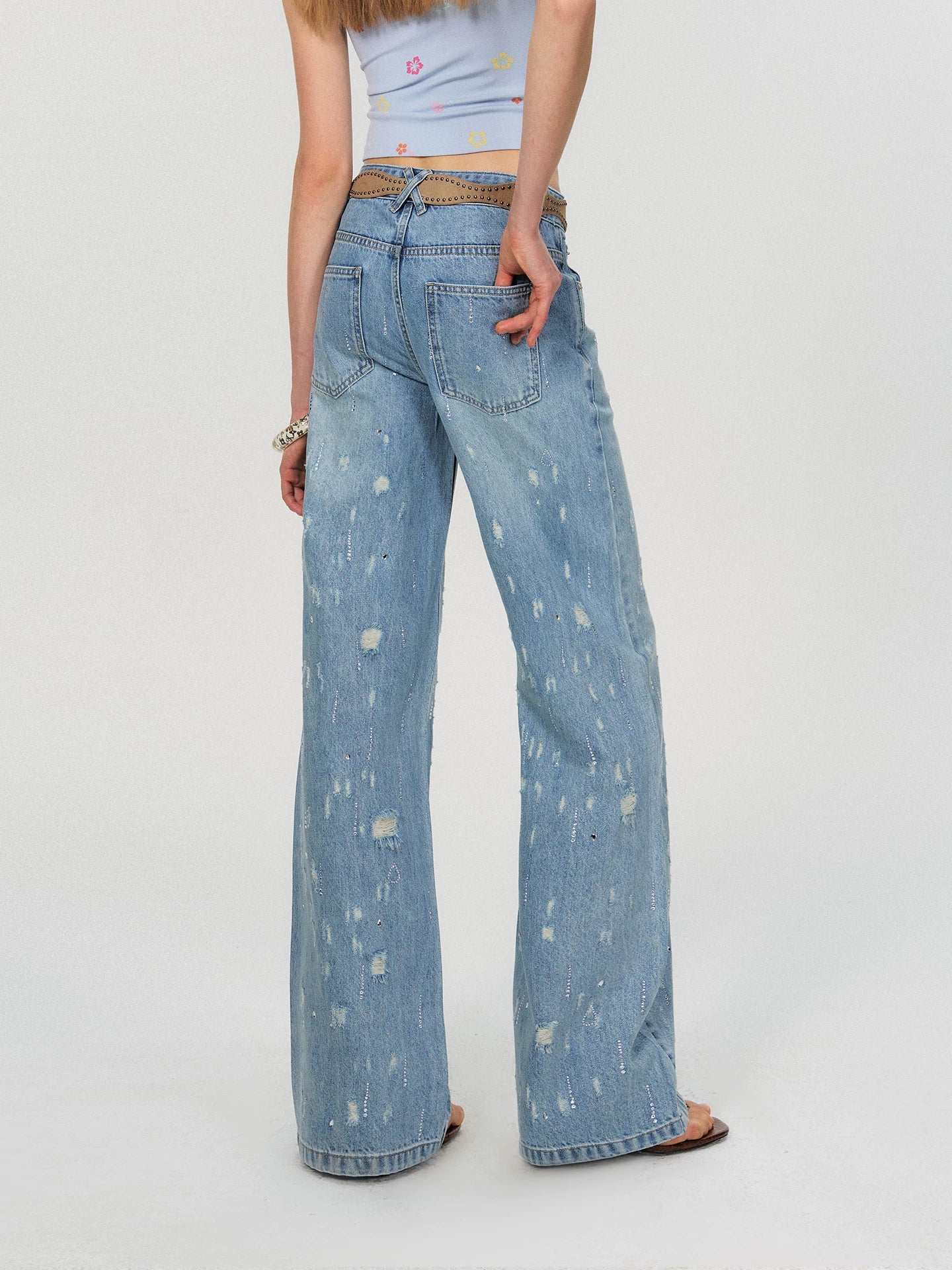 Vintage Washed Blue Rhinestone Embellished Straight-Leg Denim Trousers