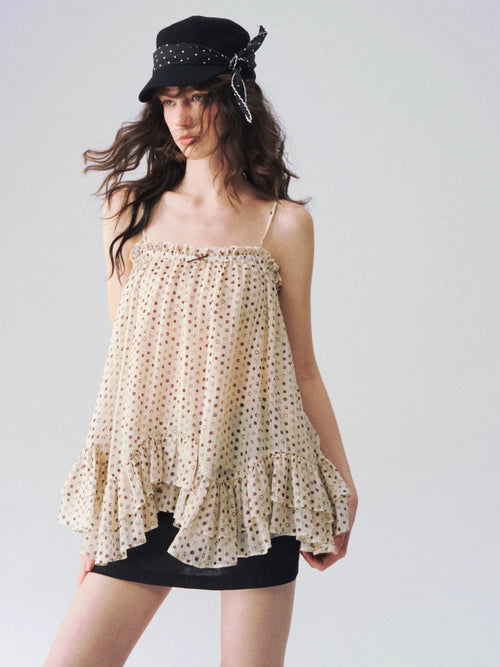 Sheer Polka Dot Asymmetric Ruffle Camisole