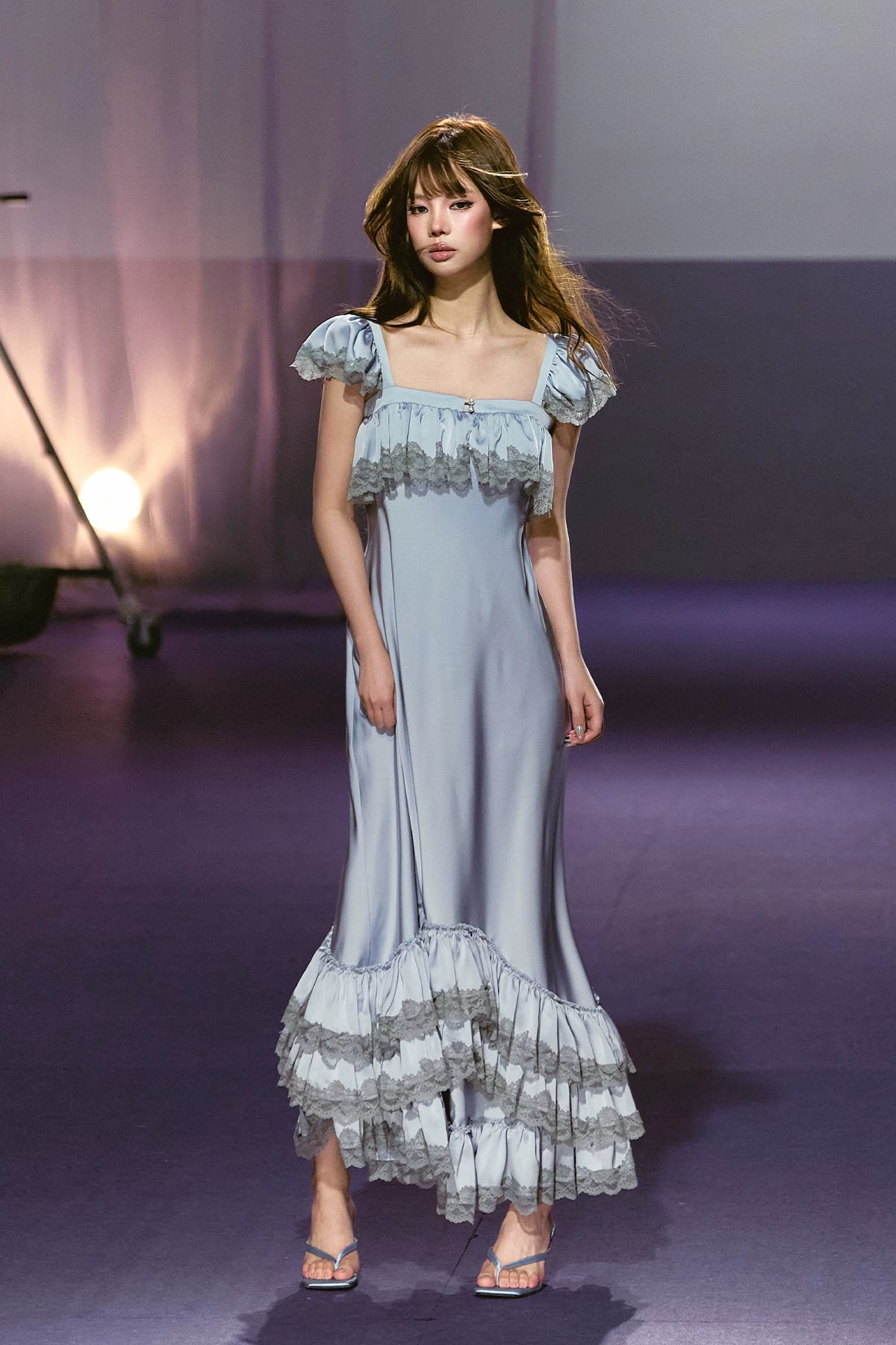 French Lace-Spliced Satin A-Line Maxi Dress