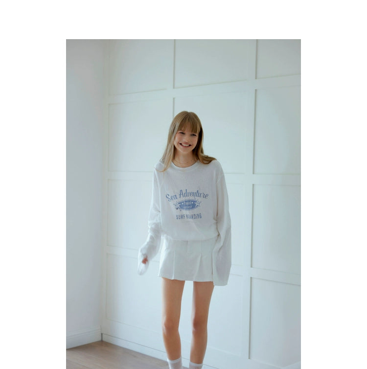 White Letter Print Round Neck Long Sleeve T-shirt