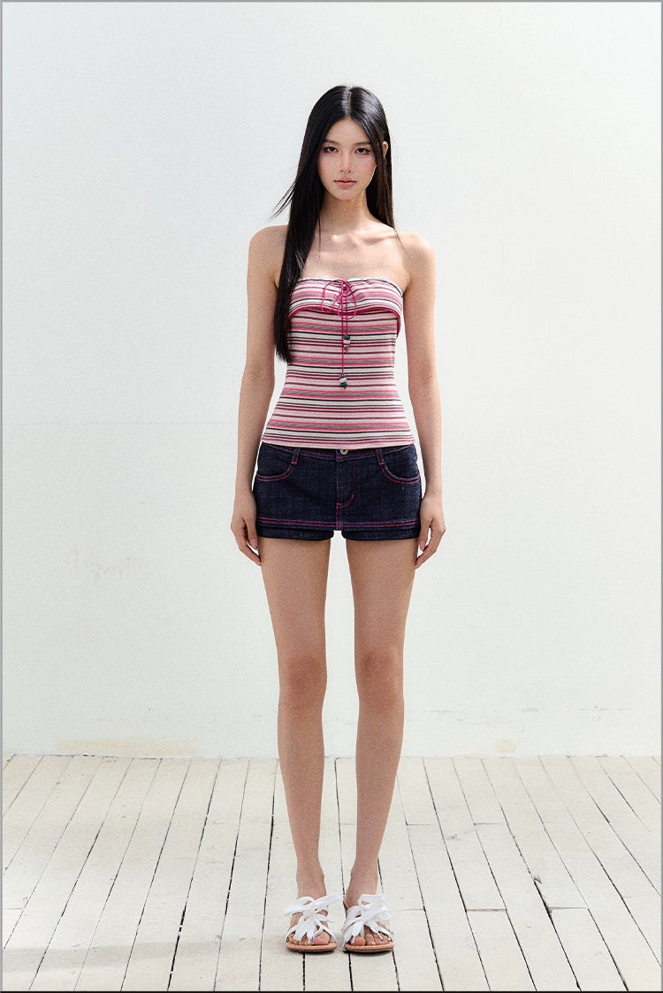 Faux Two-piece Slim-fit Color-blocking Shorts