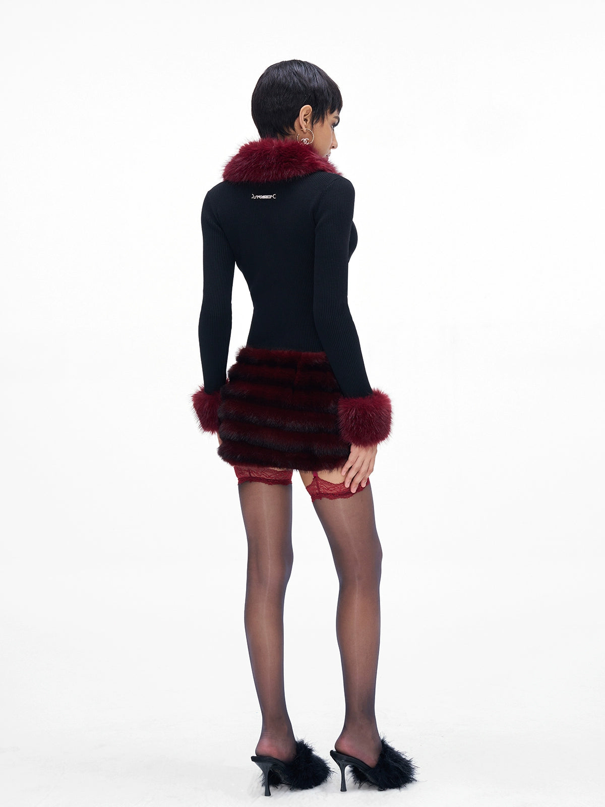 Fur-Collar Knit Cape &amp; Fuzzy Bodycon Skirt Set