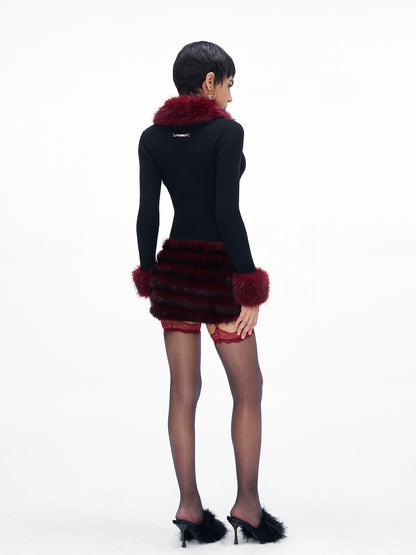 Fur-Collar Knit Cape &amp; Fuzzy Bodycon Skirt Set