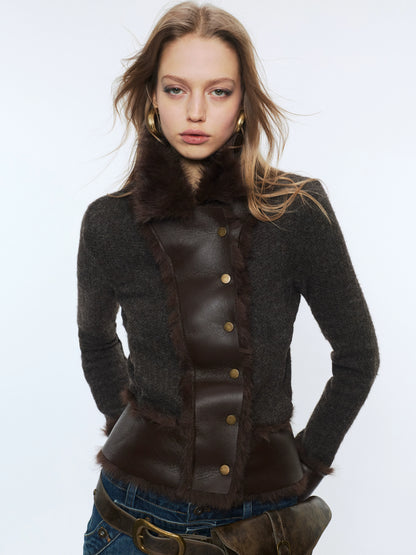 Knit Panel Faux Fur Cardigan Jacket