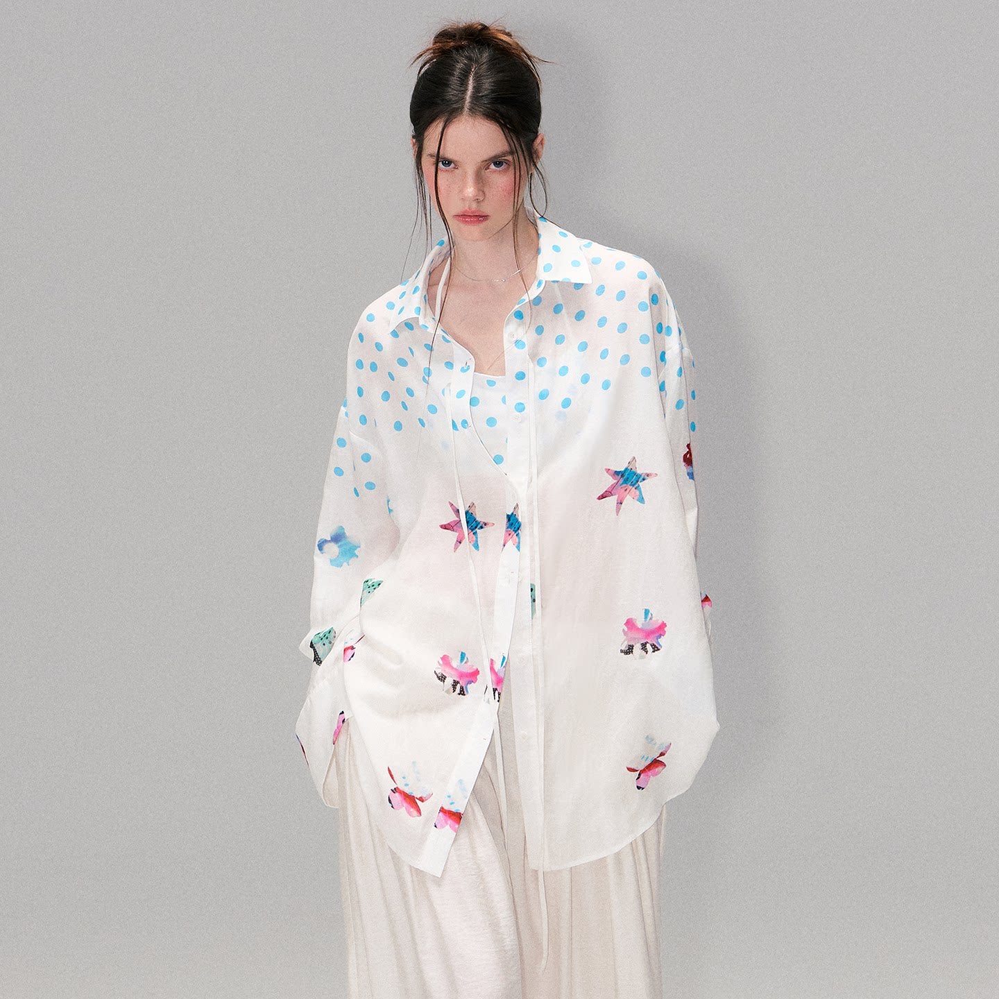 Vintage Contrast Polka Dot Silk-Linen Relaxed Shirt with Halterneck Top