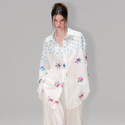 Vintage Contrast Polka Dot Silk-Linen Relaxed Shirt with Halterneck Top