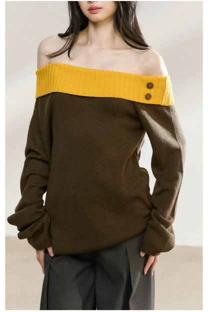 Two-Tone Asymmetric Off-Shoulder Knit Sweater