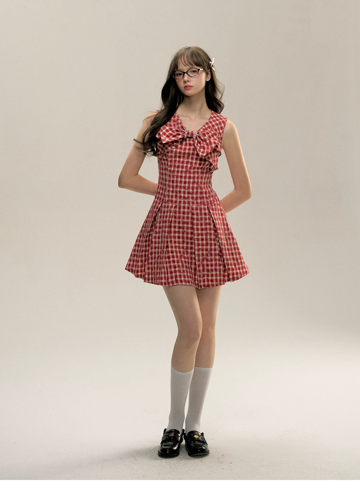 Red Gingham Sleeveless Round-neck Dress