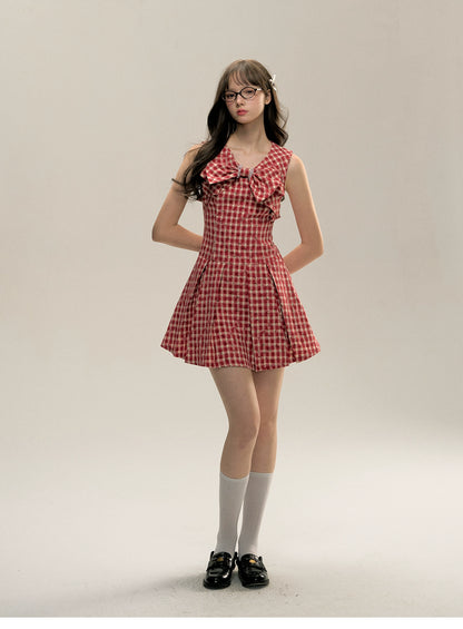 Red Gingham Sleeveless Round-neck Dress