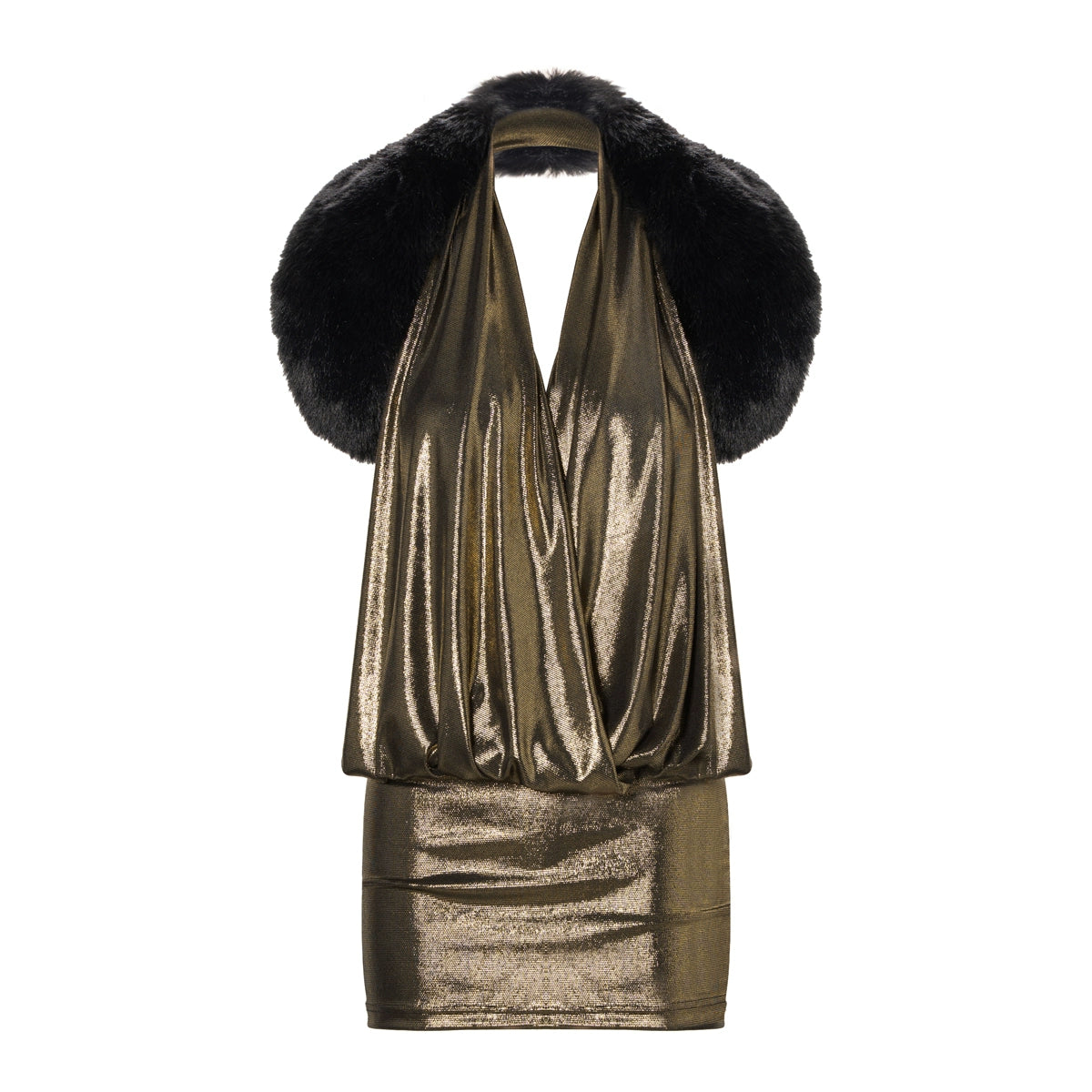 Faux-Fur Collar Knit Sleeveless Dress