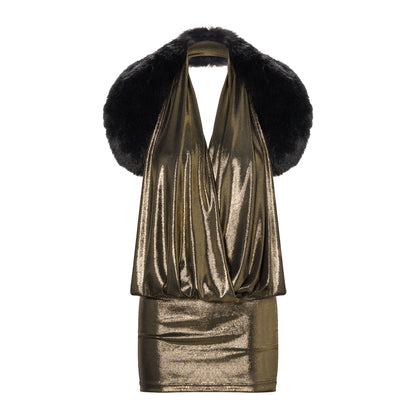 Faux-Fur Collar Knit Sleeveless Dress