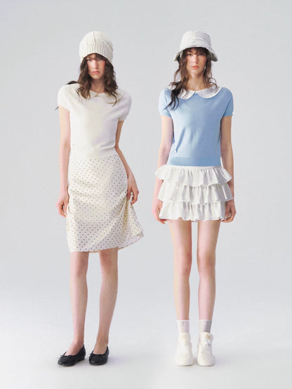 Peter Pan Collar Contrast Knit Short Sleeve Top