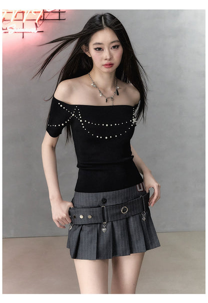 Black Pearl Knitted One-shoulder Short Sleeve