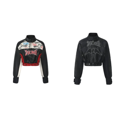 Appliqué Cropped Motorcycle Jacket