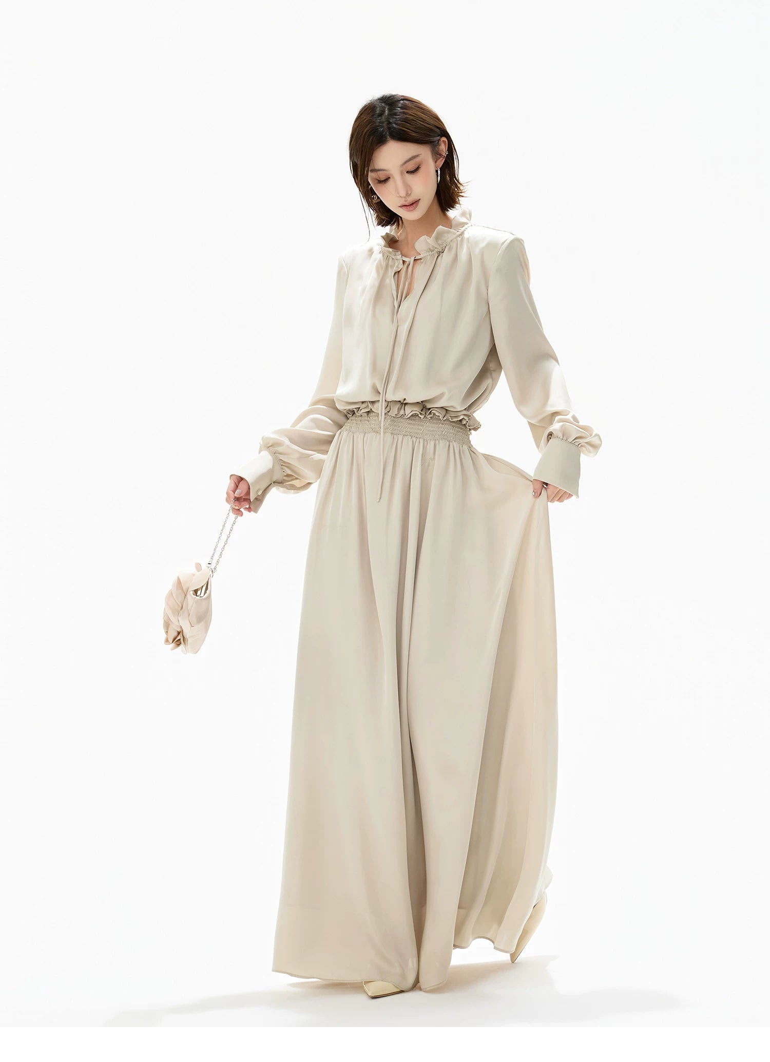 Elegant Ruffled Collar Satin Maxi Dress