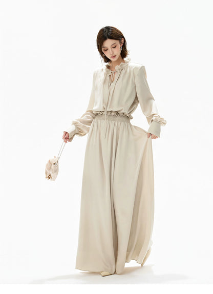 Elegant Ruffled Collar Satin Maxi Dress