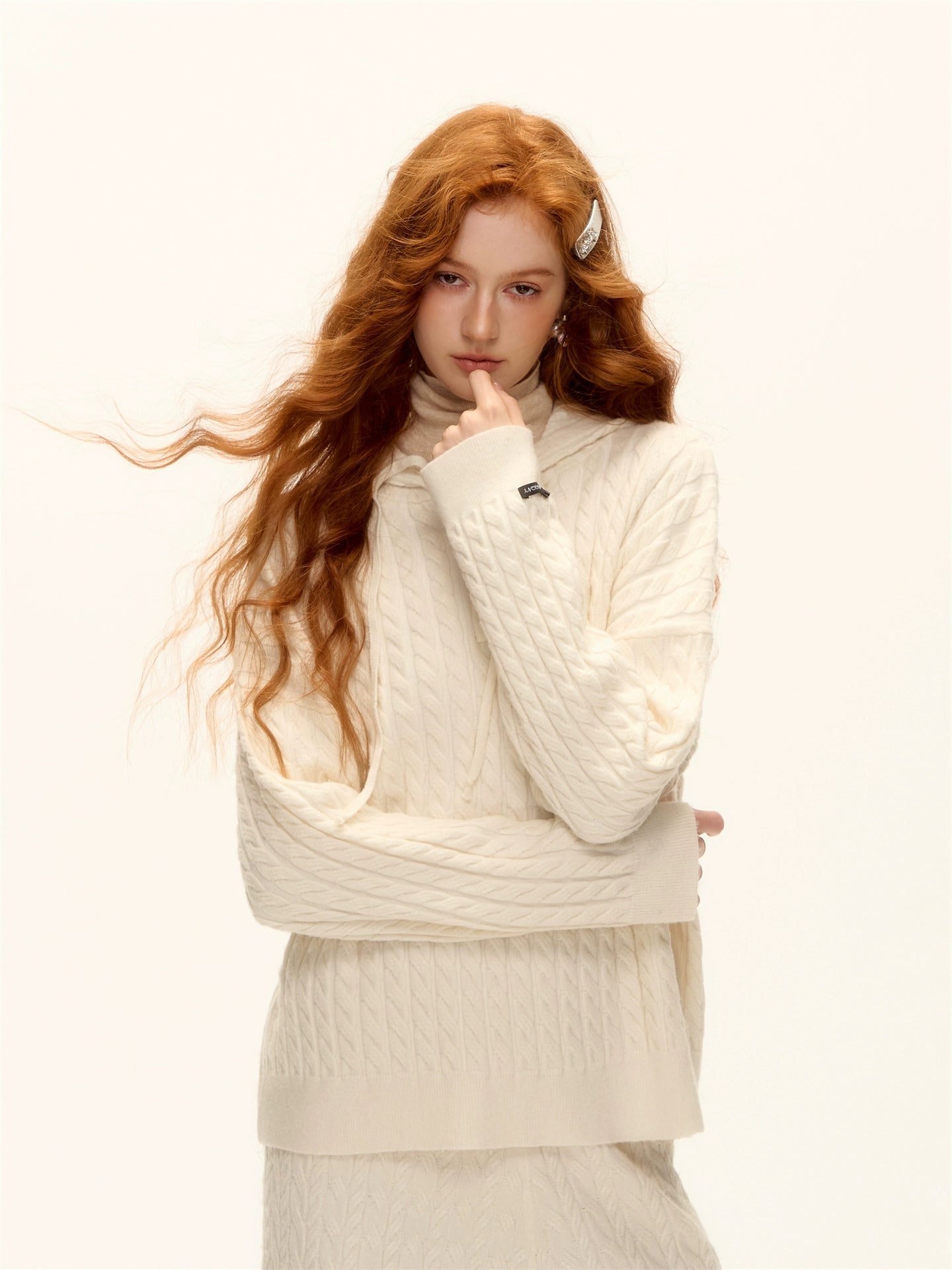 Wool Blend Cable-Knit Hoodie &amp; Wide-Leg Pants Set