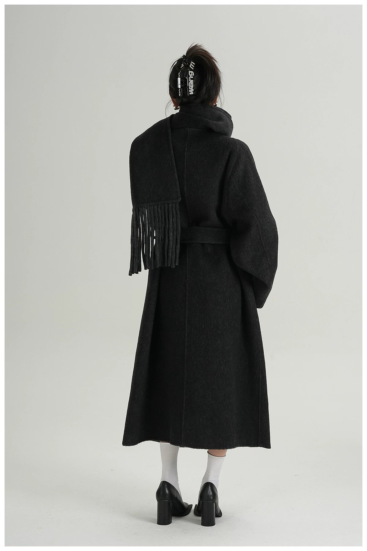 Fringe-Detail Wool Scarf-Style Long Coat