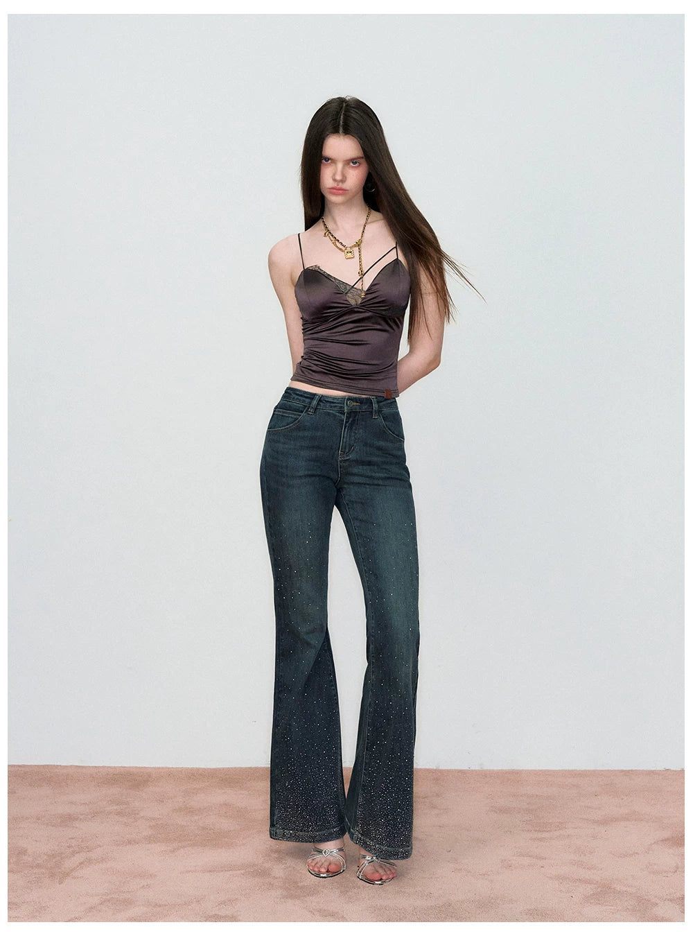 Vintage Rhinestone-Embellished Flared Denim Jeans