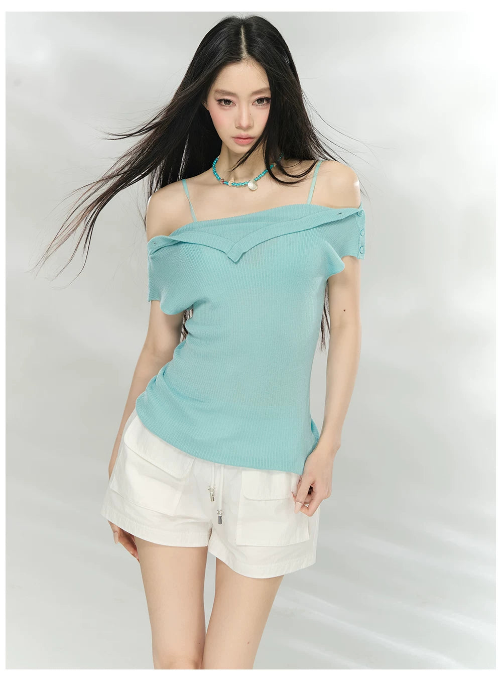 Folded Off-Shoulder Knit T-Shirt