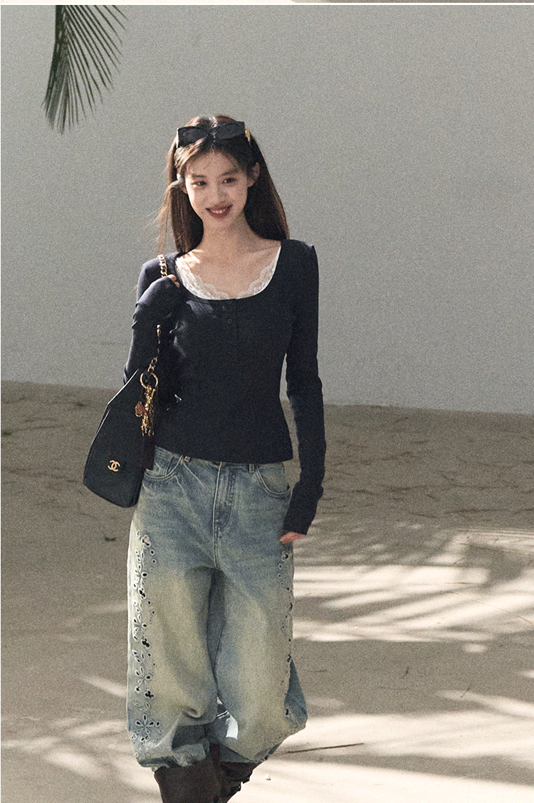 Washed Straight-Leg Wide Denim Pants