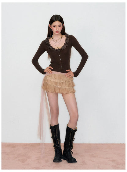 V-Neck Lace-Trim Fitted Knit Cardigan