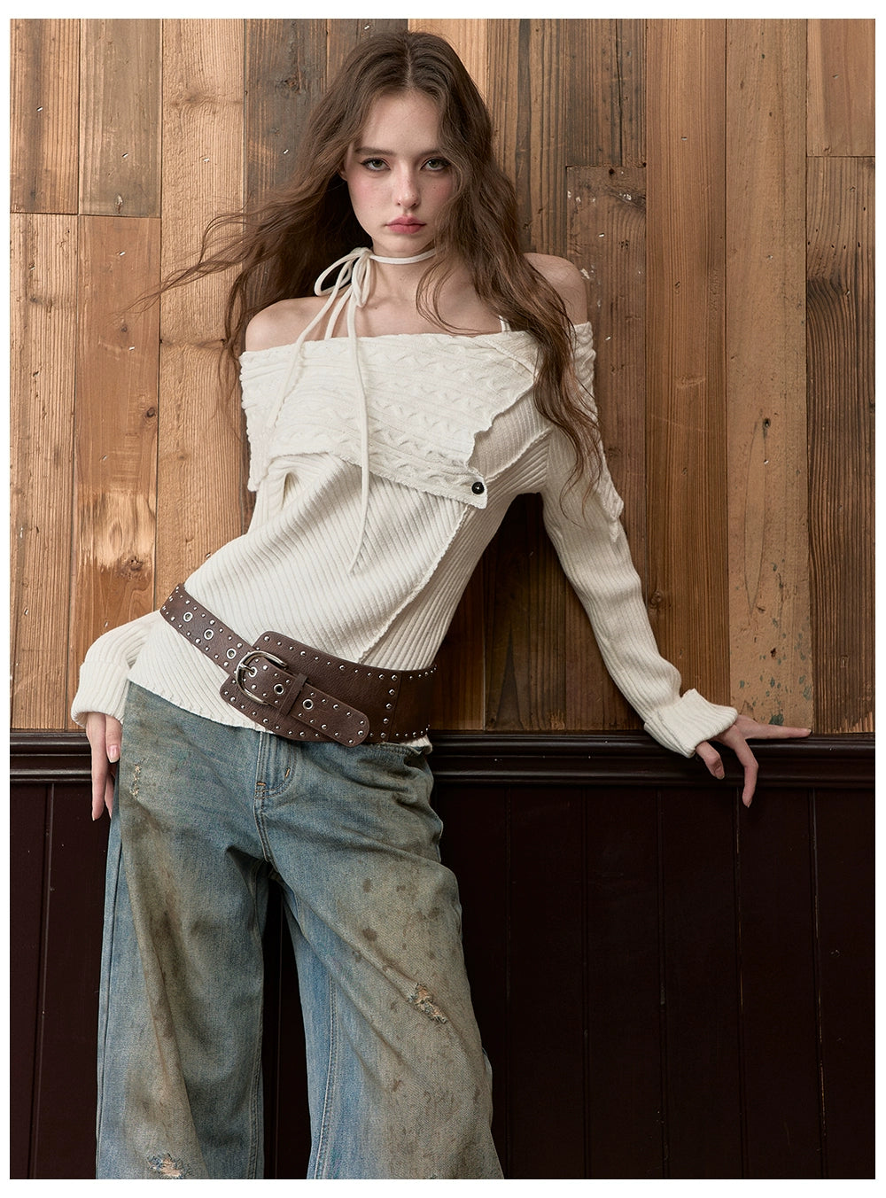 Off-Shoulder Halter Neck Cable Knit Sweater