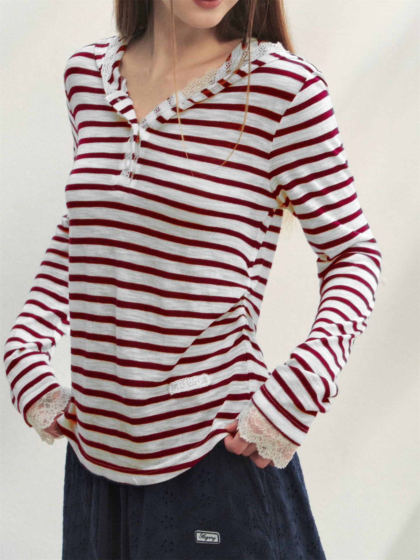 Striped Color-block Lace Spliced T-Shirt - CHINASQUAD