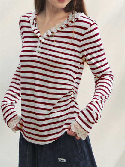 Striped Color-block Lace Spliced T-Shirt - CHINASQUAD