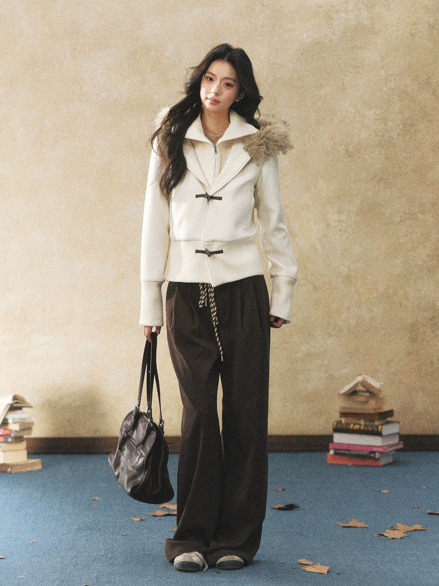 Fur Collar Faux-Layered Wool-Blend Jacket