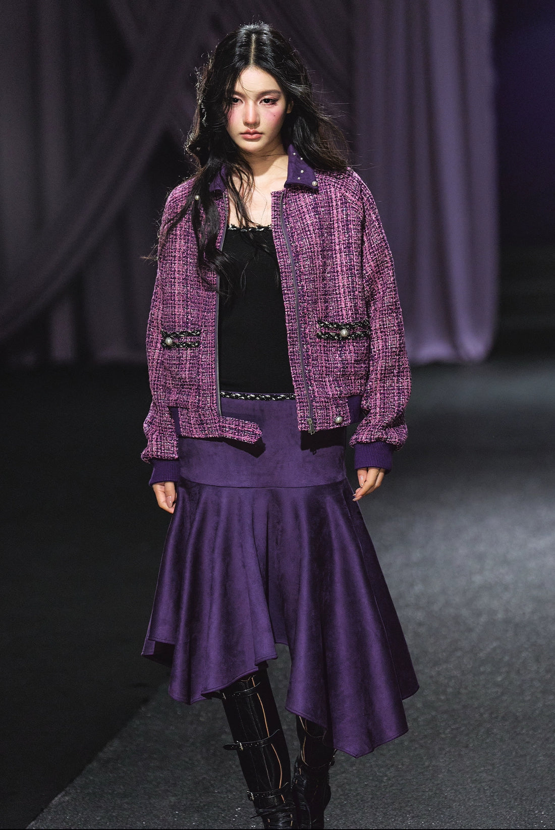 Suede Patchwork Tweed Jacket &amp; Asymmetric A-Line Skirt Set