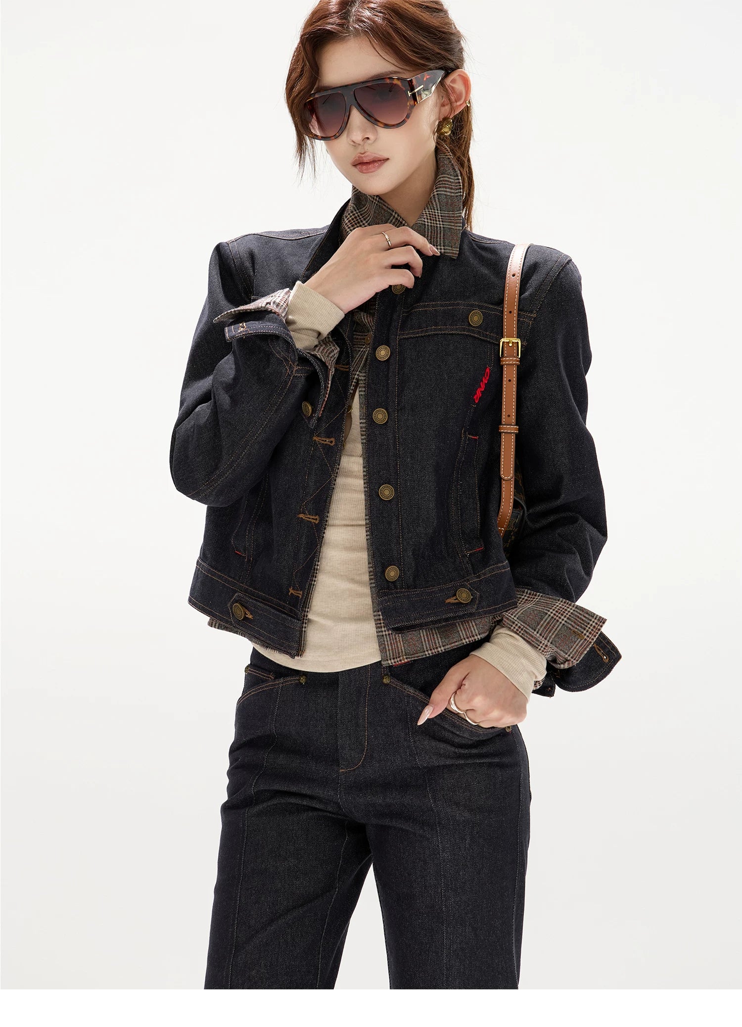 Plaid Mid-Rise Flared Wide-Leg Jeans