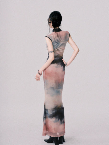 Stretch Mesh Cheongsam Maxi Dress