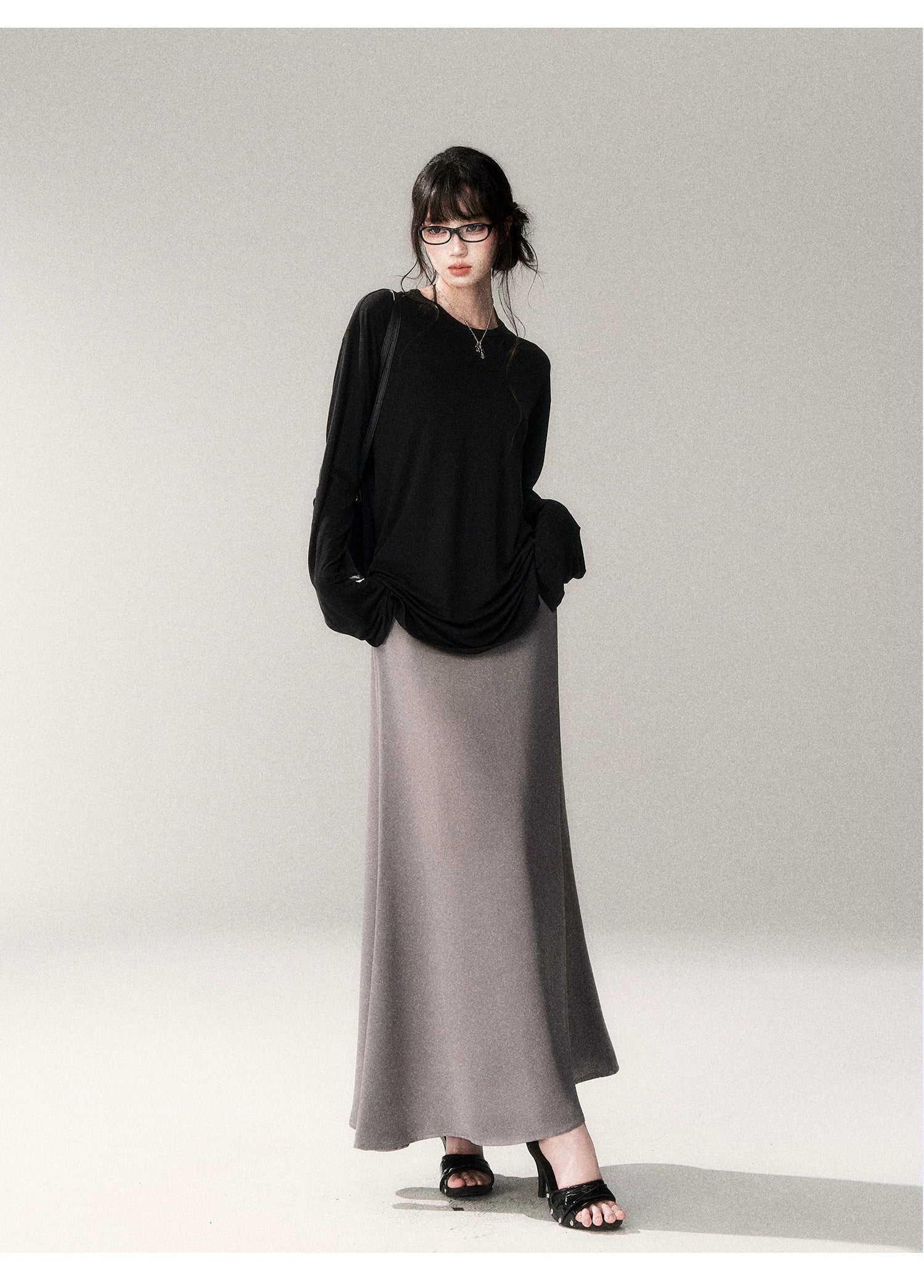 French Satin Acetate A-Line Midi Skirt