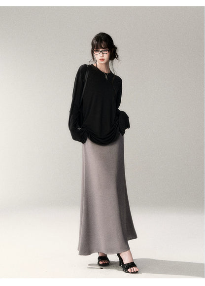 French Satin Acetate A-Line Midi Skirt